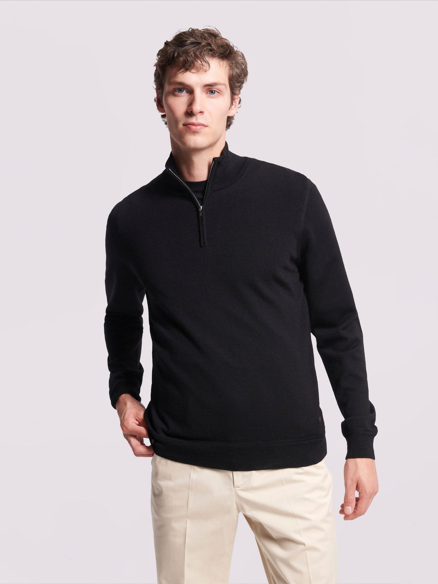 Merino Wool 1/4 Zip Funnel Neck Sweater in Black