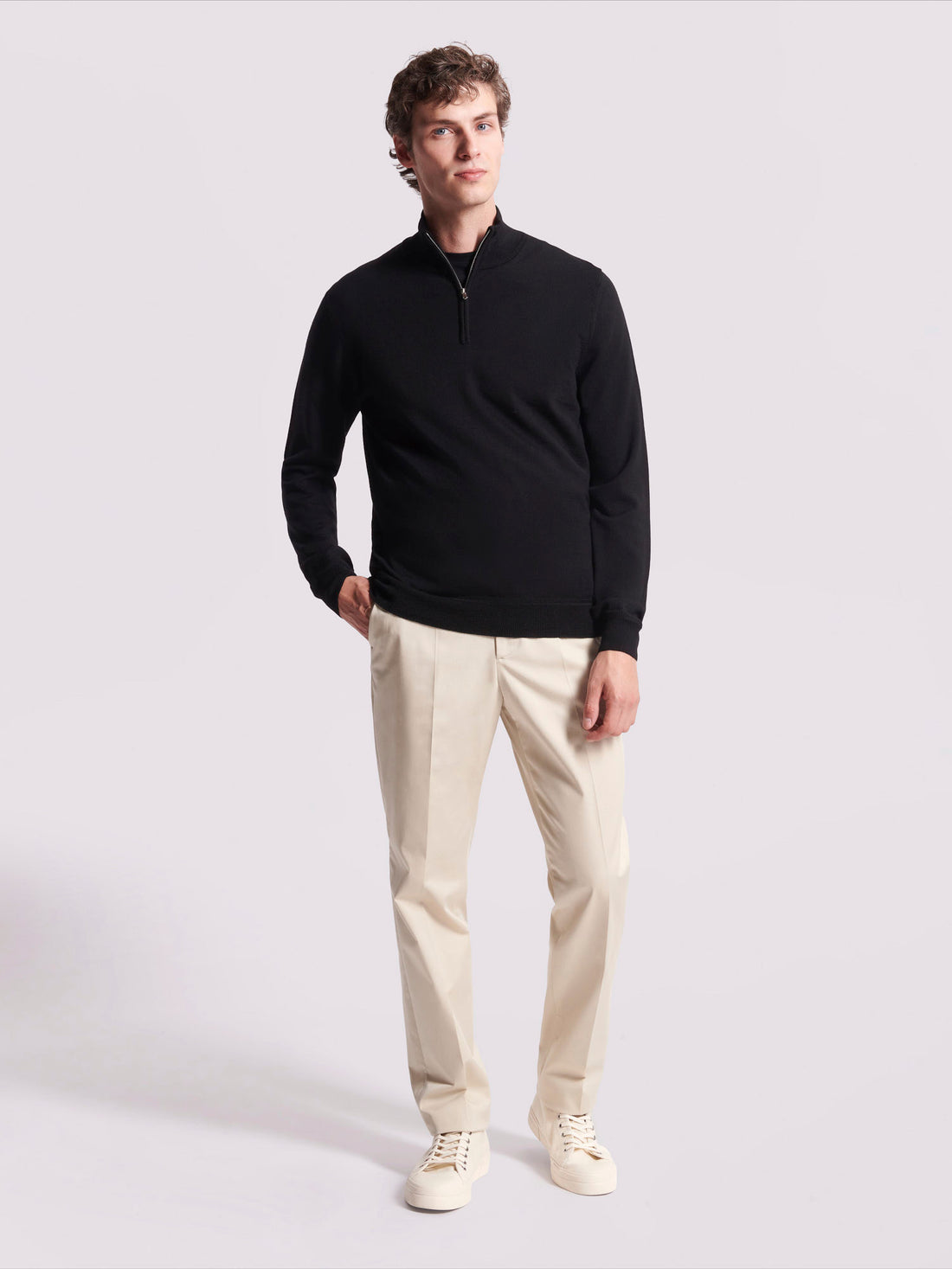 Merino Wool 1/4 Zip Funnel Neck Sweater in Black