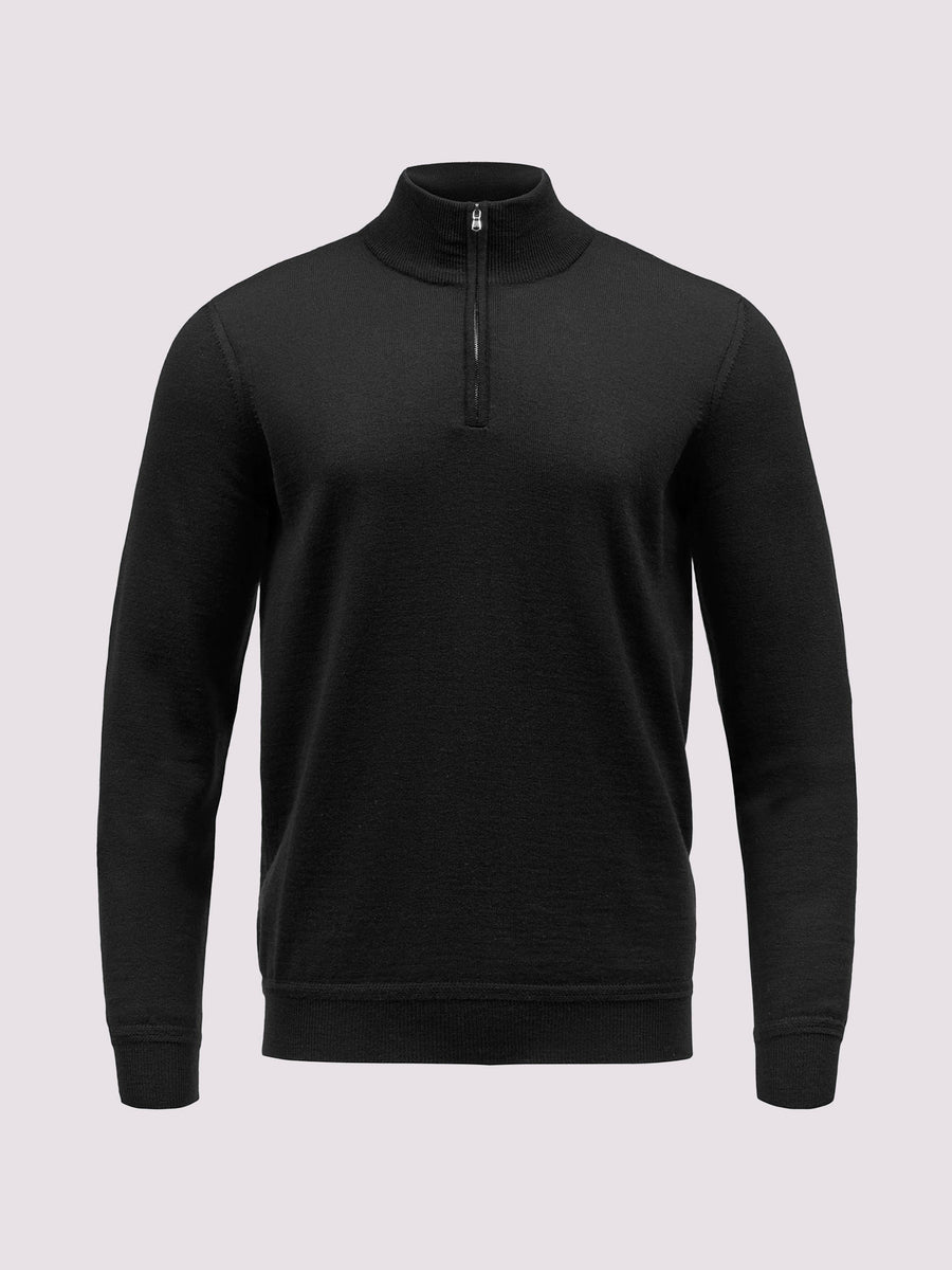 Merino Wool 1/4 Zip Funnel Neck Sweater in Black