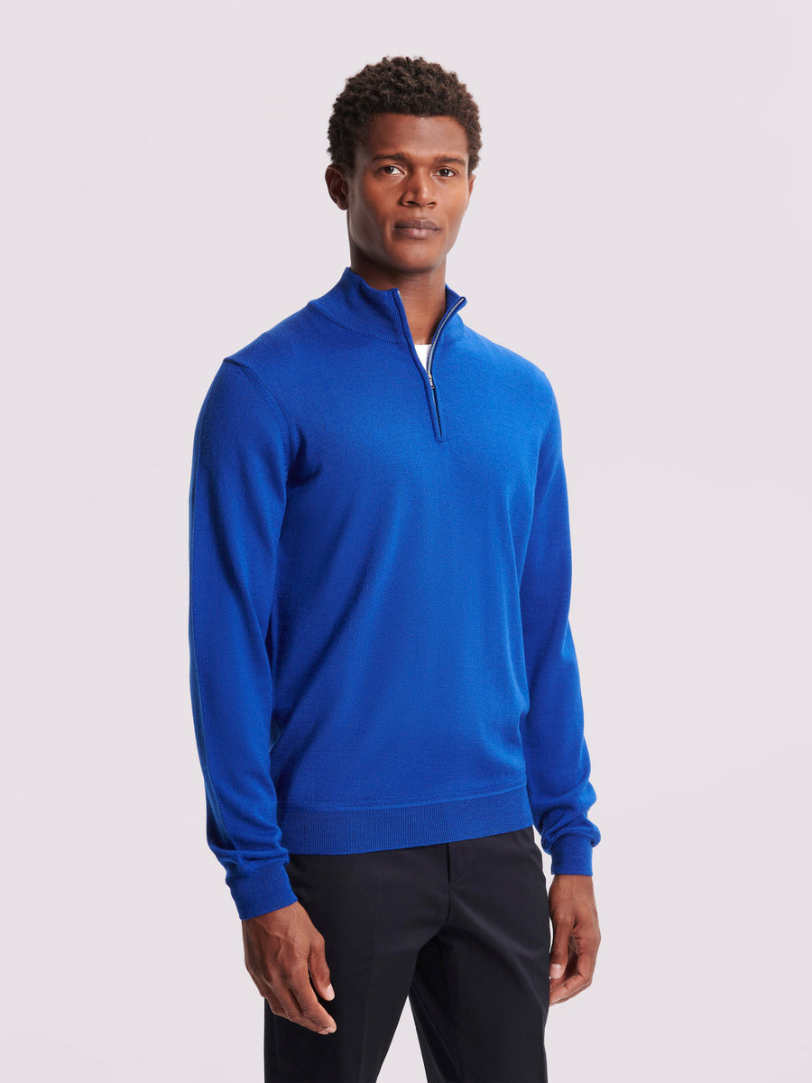 Merino Wool 1/4 Zip Funnel Neck Sweater in Cobalt Blue