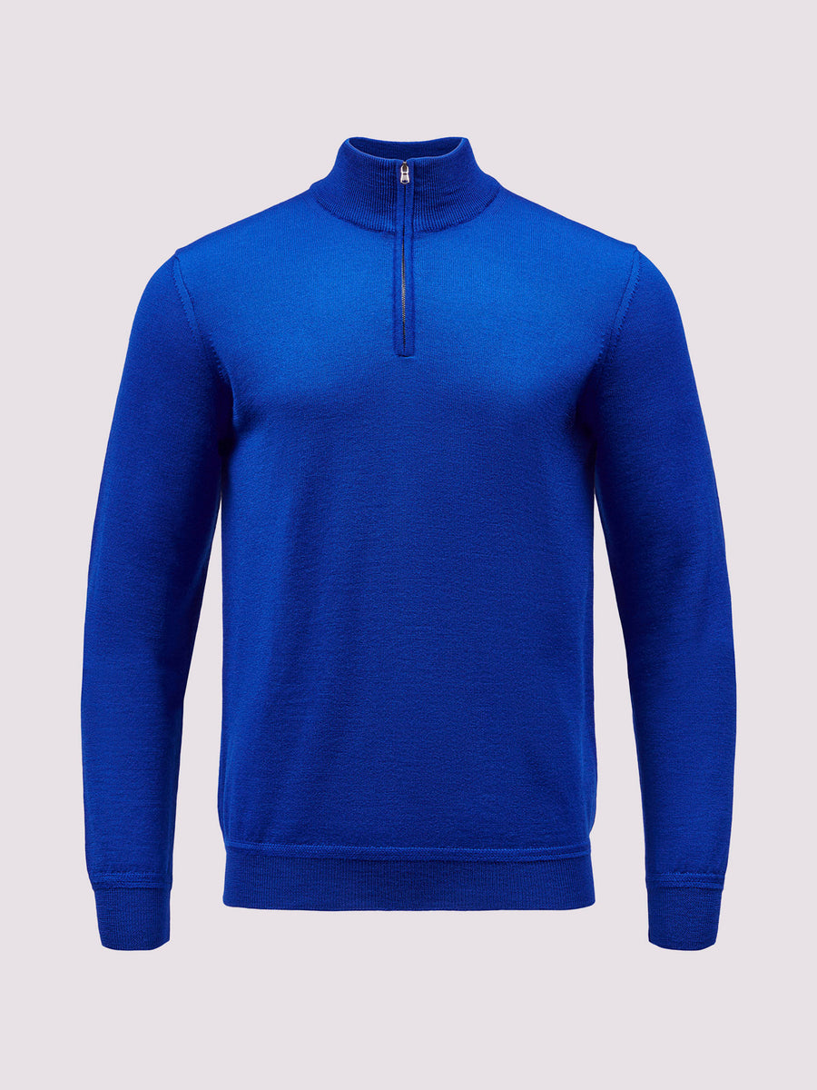 Merino Wool 1/4 Zip Funnel Neck Sweater in Cobalt Blue