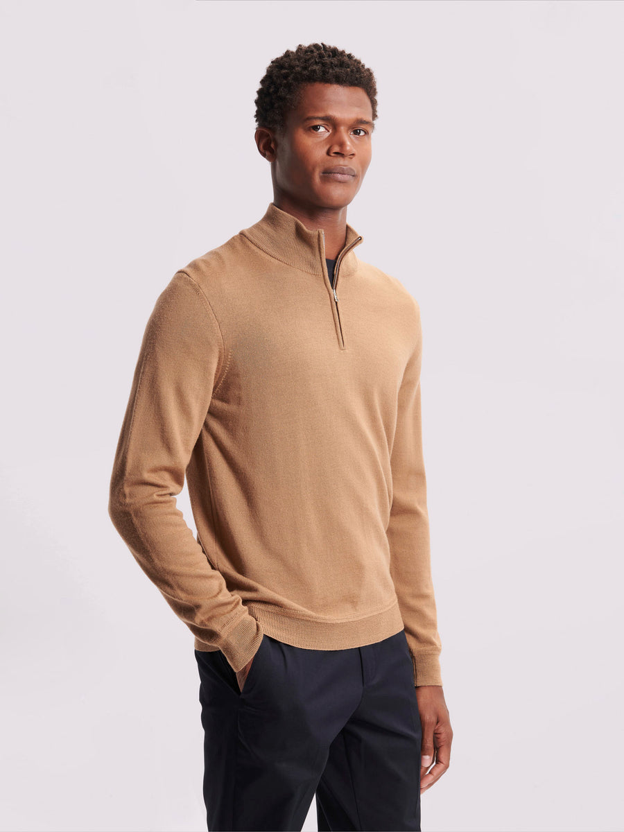 Merino Wool 1/4 Zip Funnel Neck Sweater in Brown