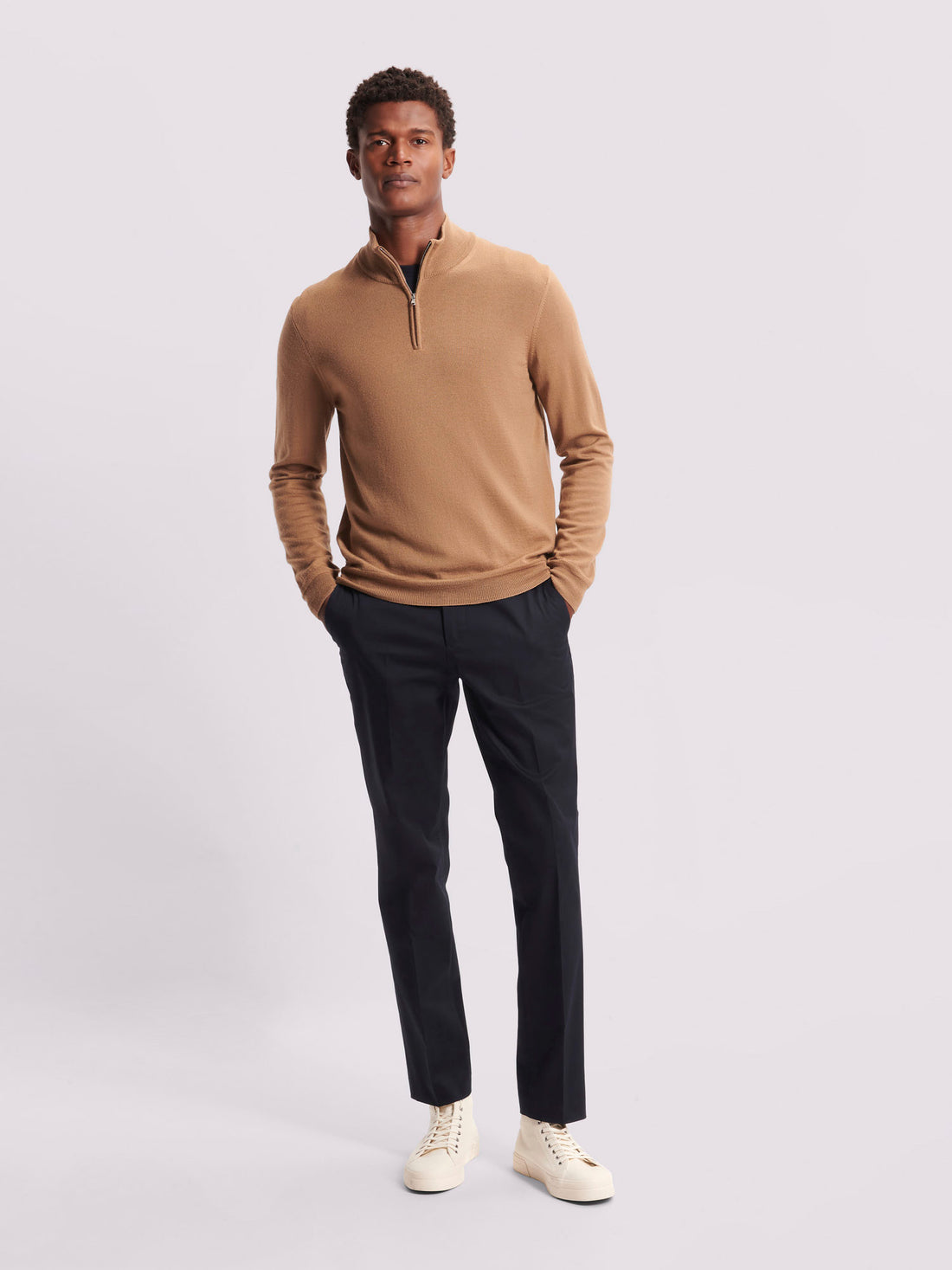 Merino Wool 1/4 Zip Funnel Neck Sweater in Brown