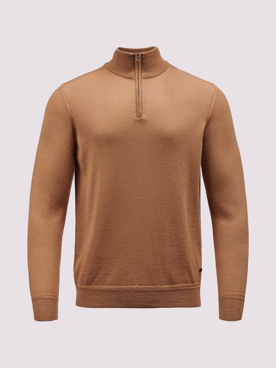 Merino Wool 1/4 Zip Funnel Neck Sweater in Brown