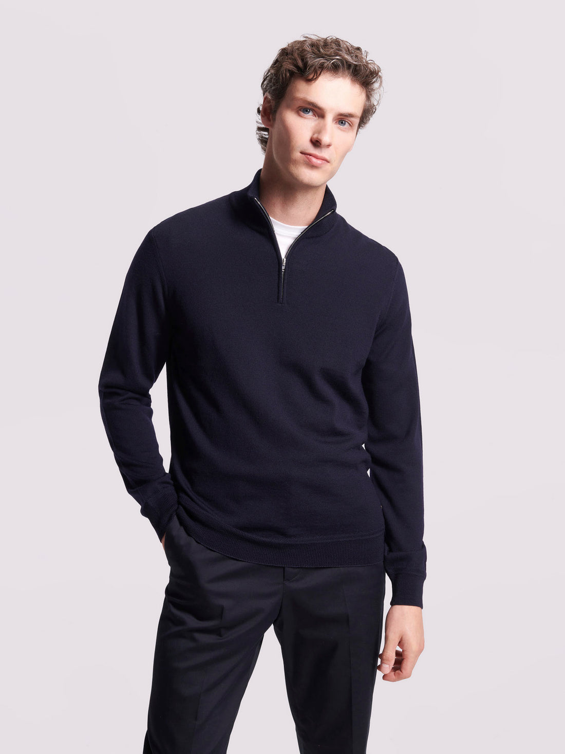 Merino Wool 1/4 Zip Funnel Neck Sweater Dark Navy