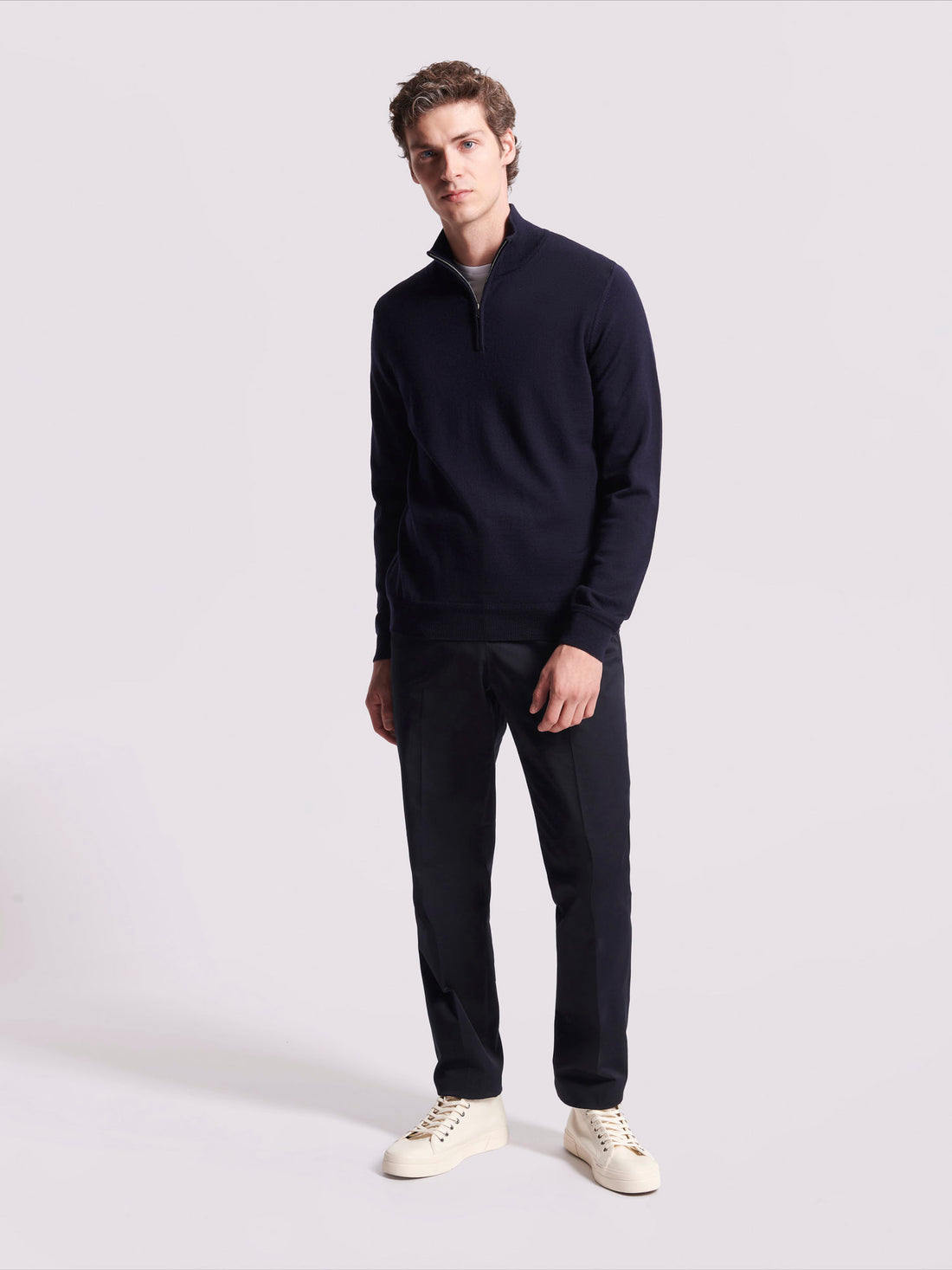 Merino Wool 1/4 Zip Funnel Neck Sweater Dark Navy