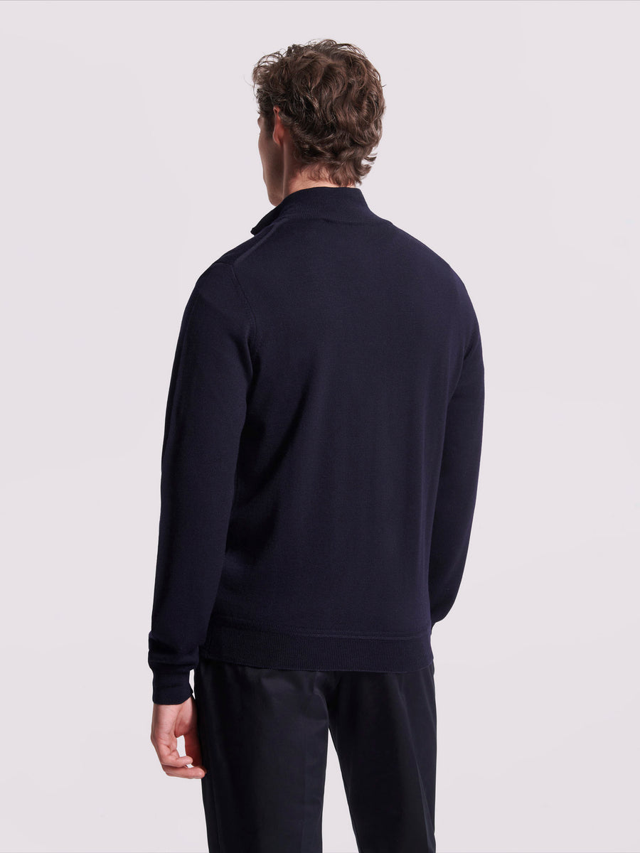 Merino Wool 1/4 Zip Funnel Neck Sweater Dark Navy