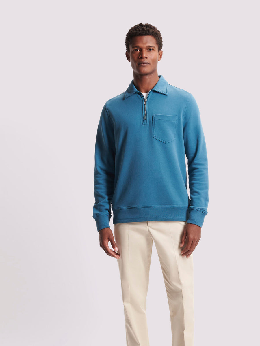 French Terry 1/4 Zip Collar Sweatshirt in Teal Blue