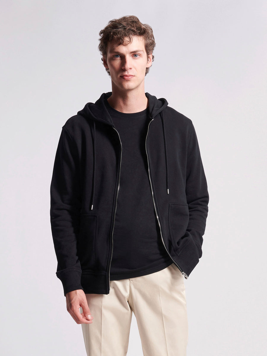 French Terry Zip Through Hooded Sweatshirt in Black