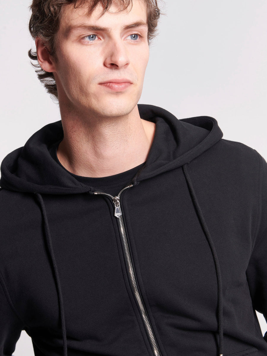 French Terry Zip Through Hooded Sweatshirt in Black