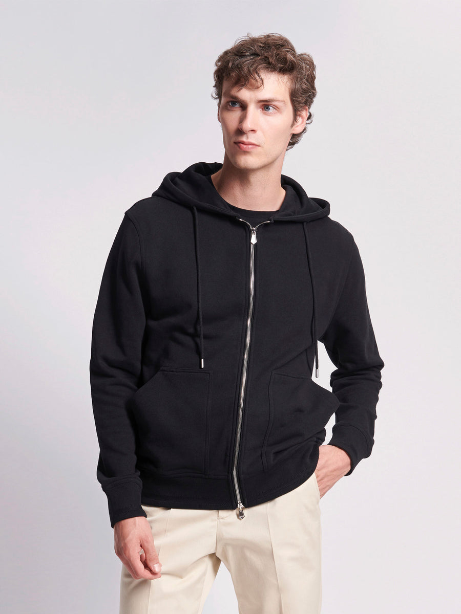 French Terry Zip Through Hooded Sweatshirt in Black