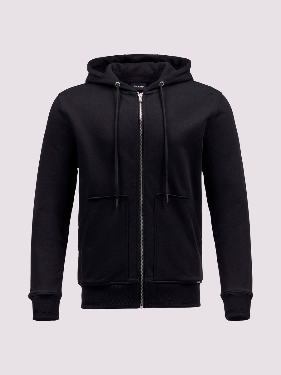 French Terry Zip Through Hooded Sweatshirt in Black