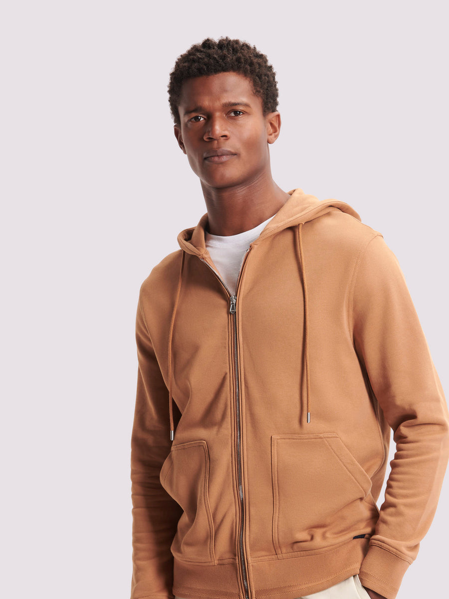 French Terry Zip Through Hooded Sweatshirt in Brown