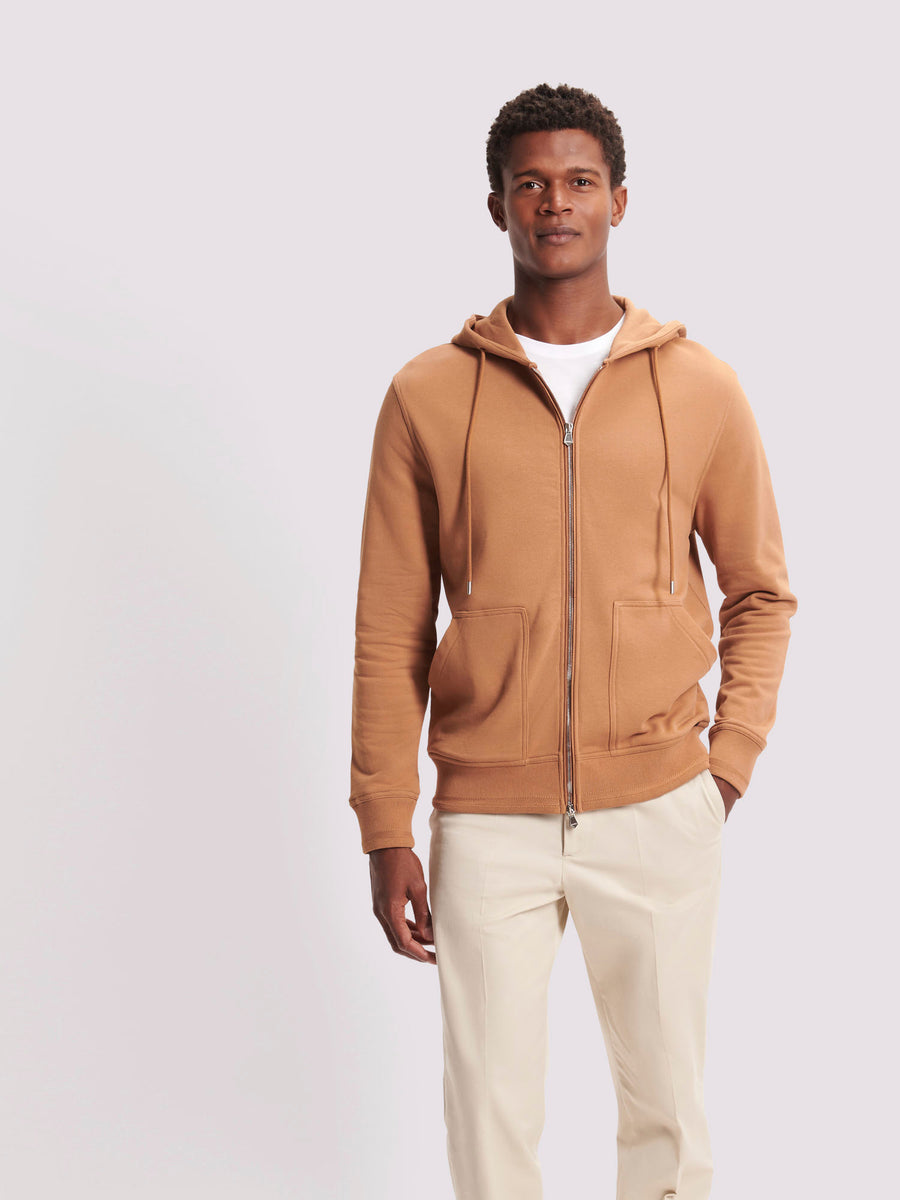 French Terry Zip Through Hooded Sweatshirt in Brown