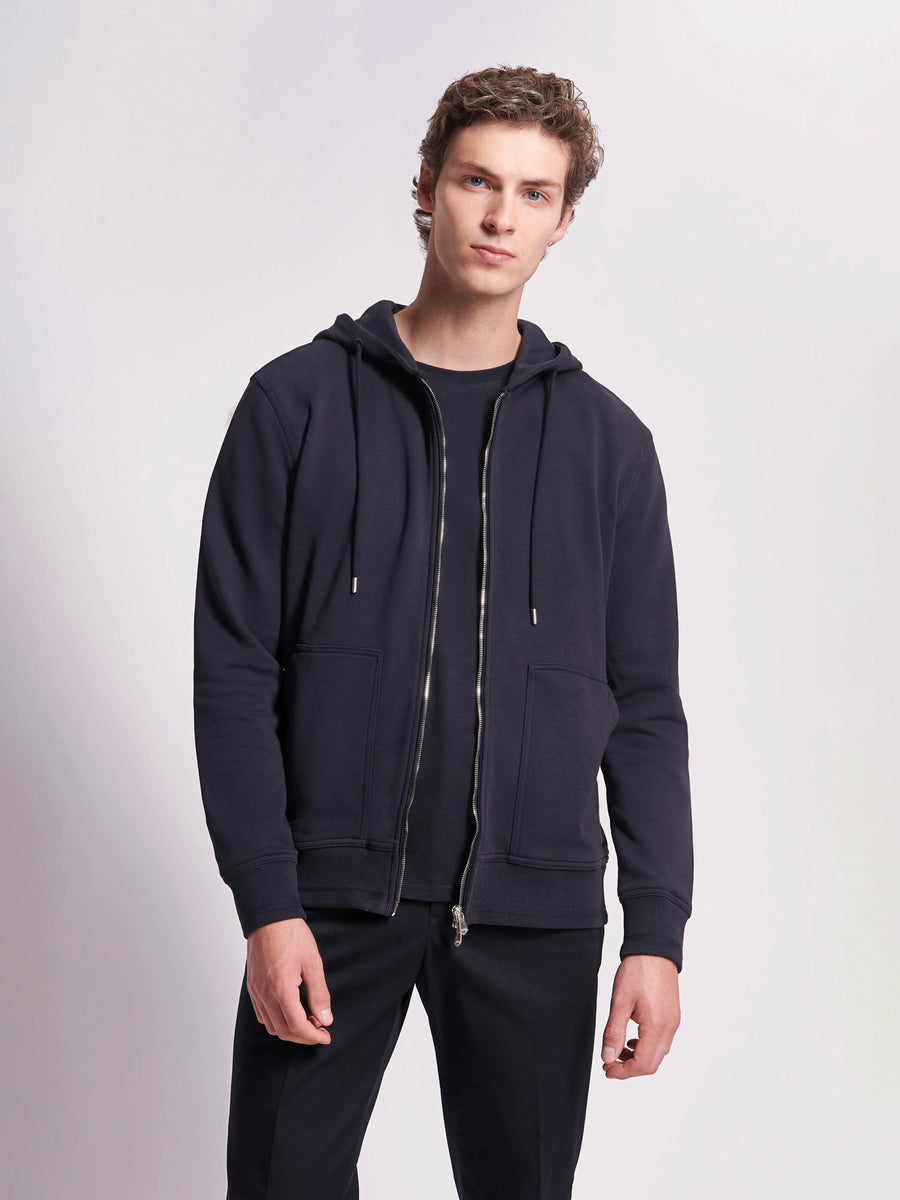 French Terry Zip Through Hooded Sweatshirt in Dark Navy