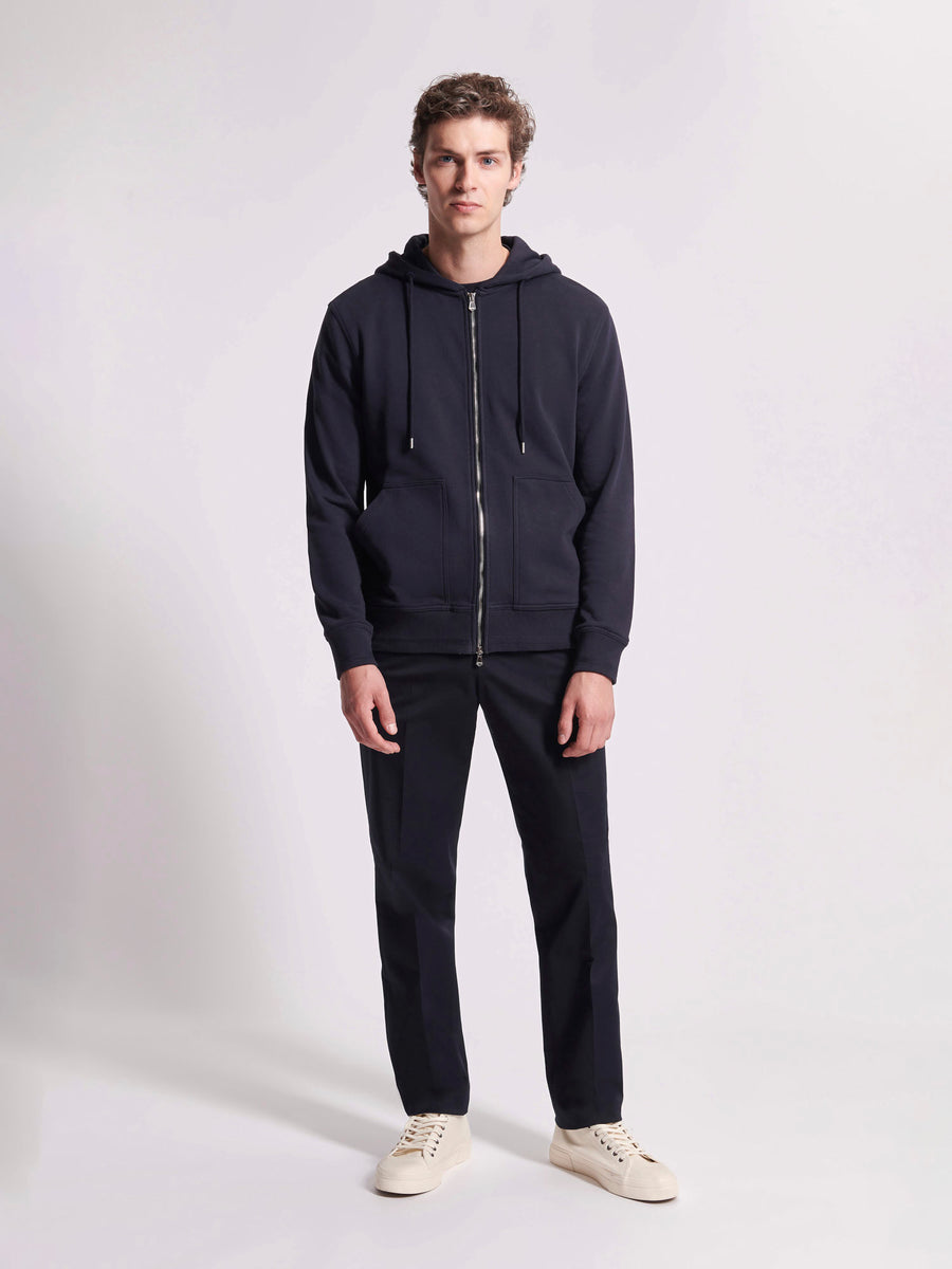 French Terry Zip Through Hooded Sweatshirt in Dark Navy