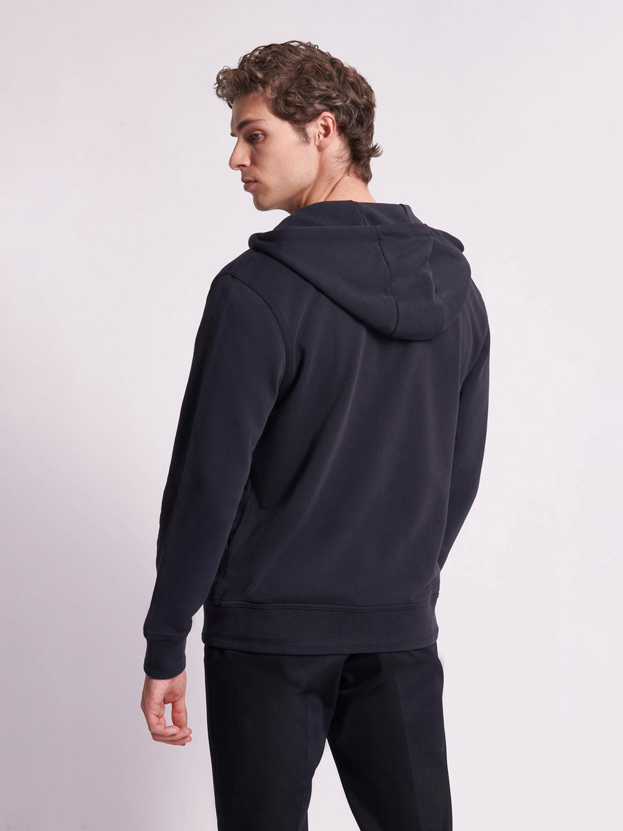 French Terry Zip Through Hooded Sweatshirt in Dark Navy