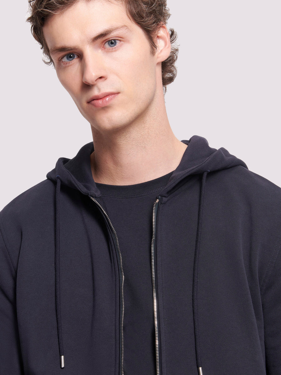 French Terry Zip Through Hooded Sweatshirt in Dark Navy