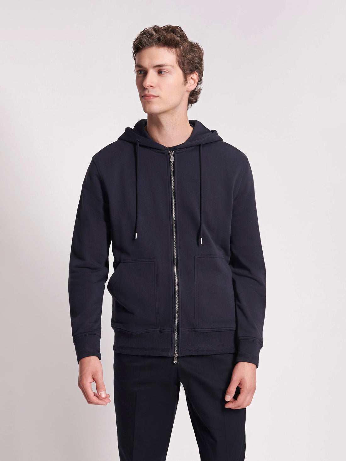 French Terry Zip Through Hooded Sweatshirt in Dark Navy