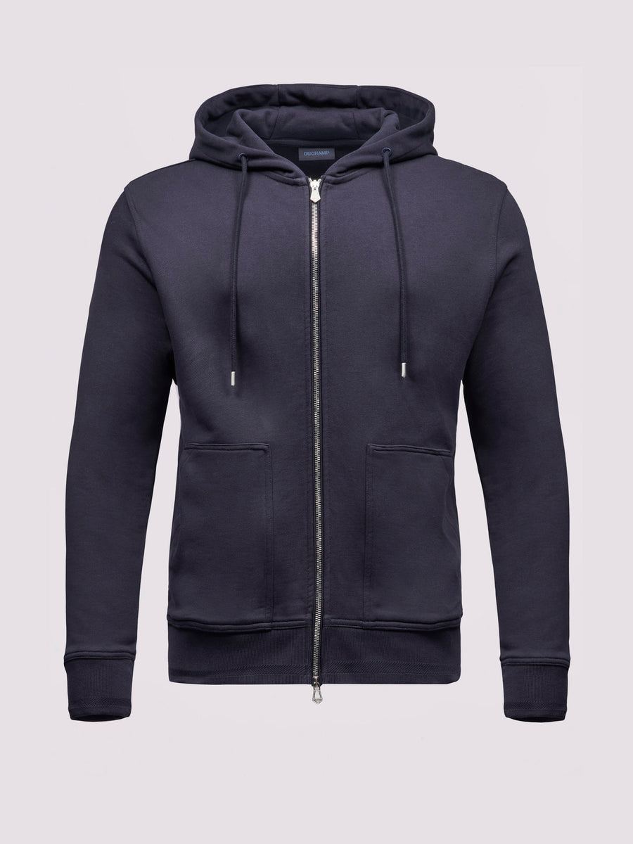 French Terry Zip Through Hooded Sweatshirt in Dark Navy