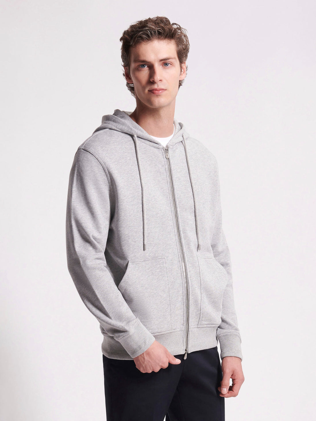 French Terry Zip Through Hooded Sweatshirt in Grey Marl