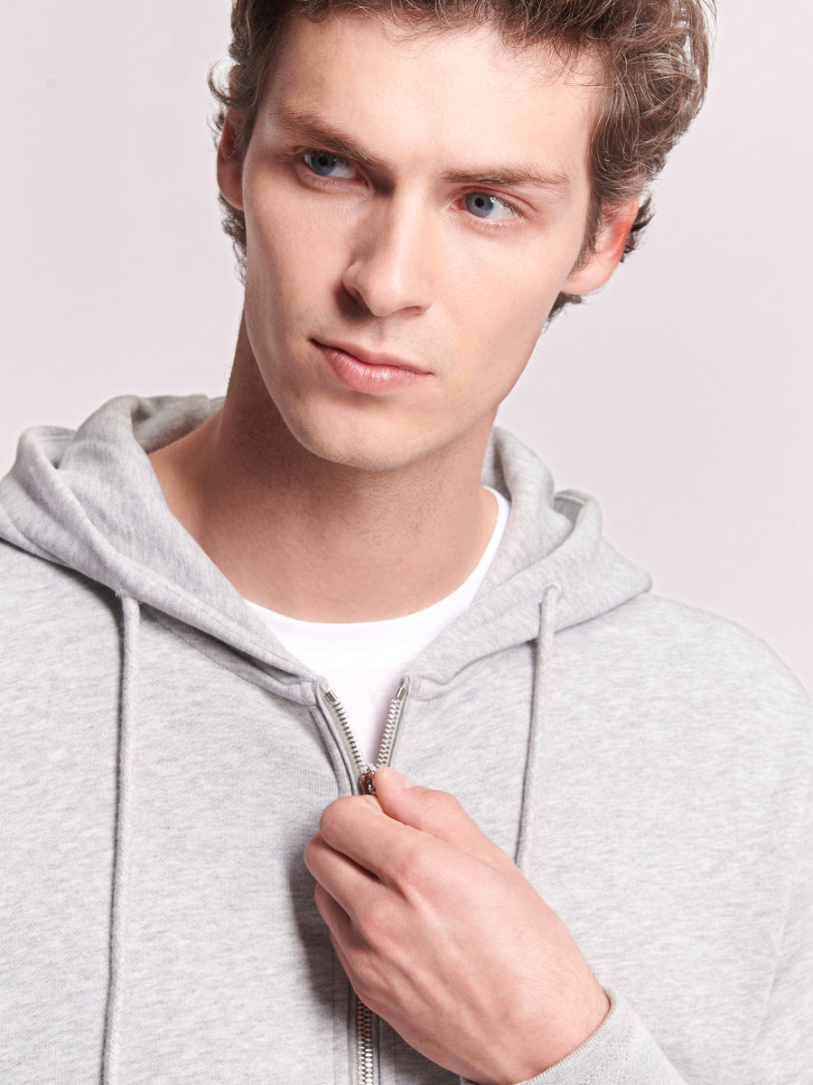 French Terry Zip Through Hooded Sweatshirt in Grey Marl