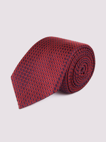 100% Silk Geo Pattern Tie in Deep Red