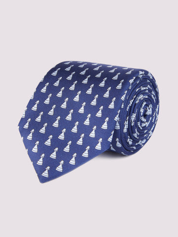 100% Silk Tie Chess Piece Print French Navy