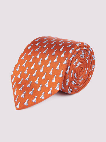 Silk Tie Chess Piece Print Orange