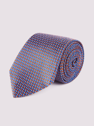 100% Silk Box Geo pattern Tie in Blue/Orange