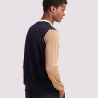 Colour Block Merino Wool Crew Neck Sweater in Dark Navy