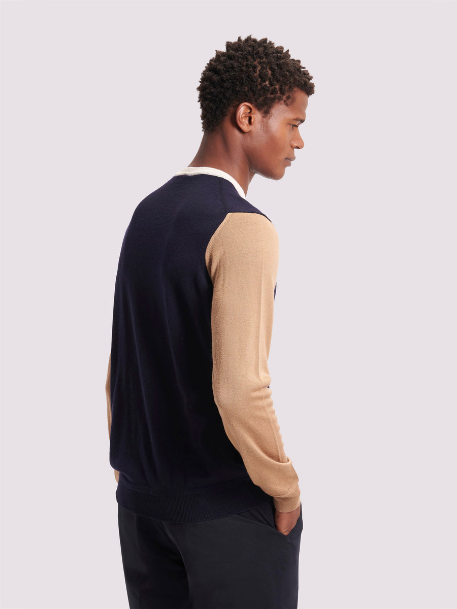 Colour Block Merino Wool Crew Neck Sweater in Dark Navy