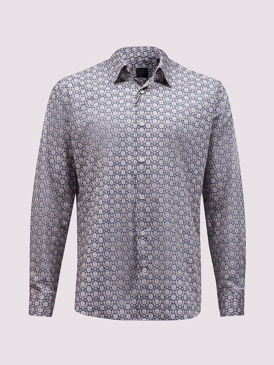 Duchamp Mens Long Sleeve Floral Casual Shirt Mallard Blue