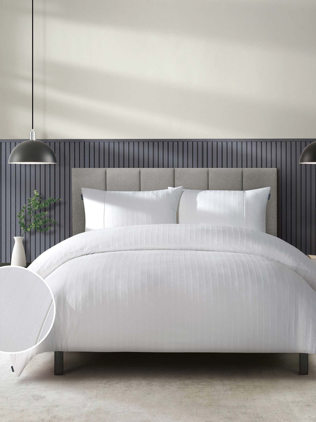 Duchamp Premium Cotton Seersucker Stripe Duvet Set Bright White