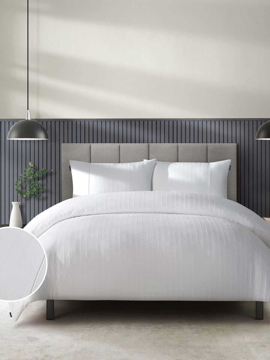Duchamp Premium Cotton Seersucker Stripe Duvet Set Bright White