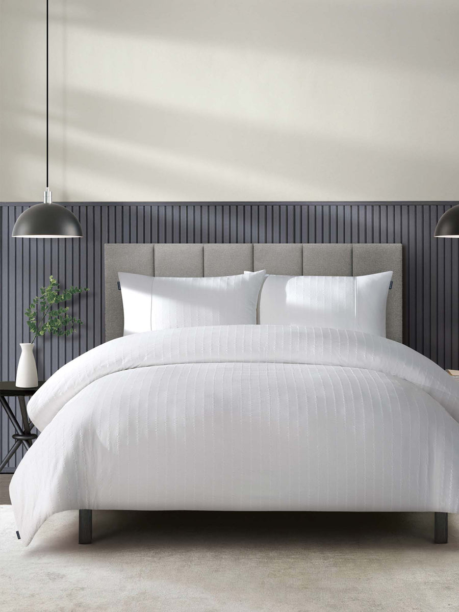 Duchamp Premium Cotton Seersucker Stripe Duvet Set Bright White