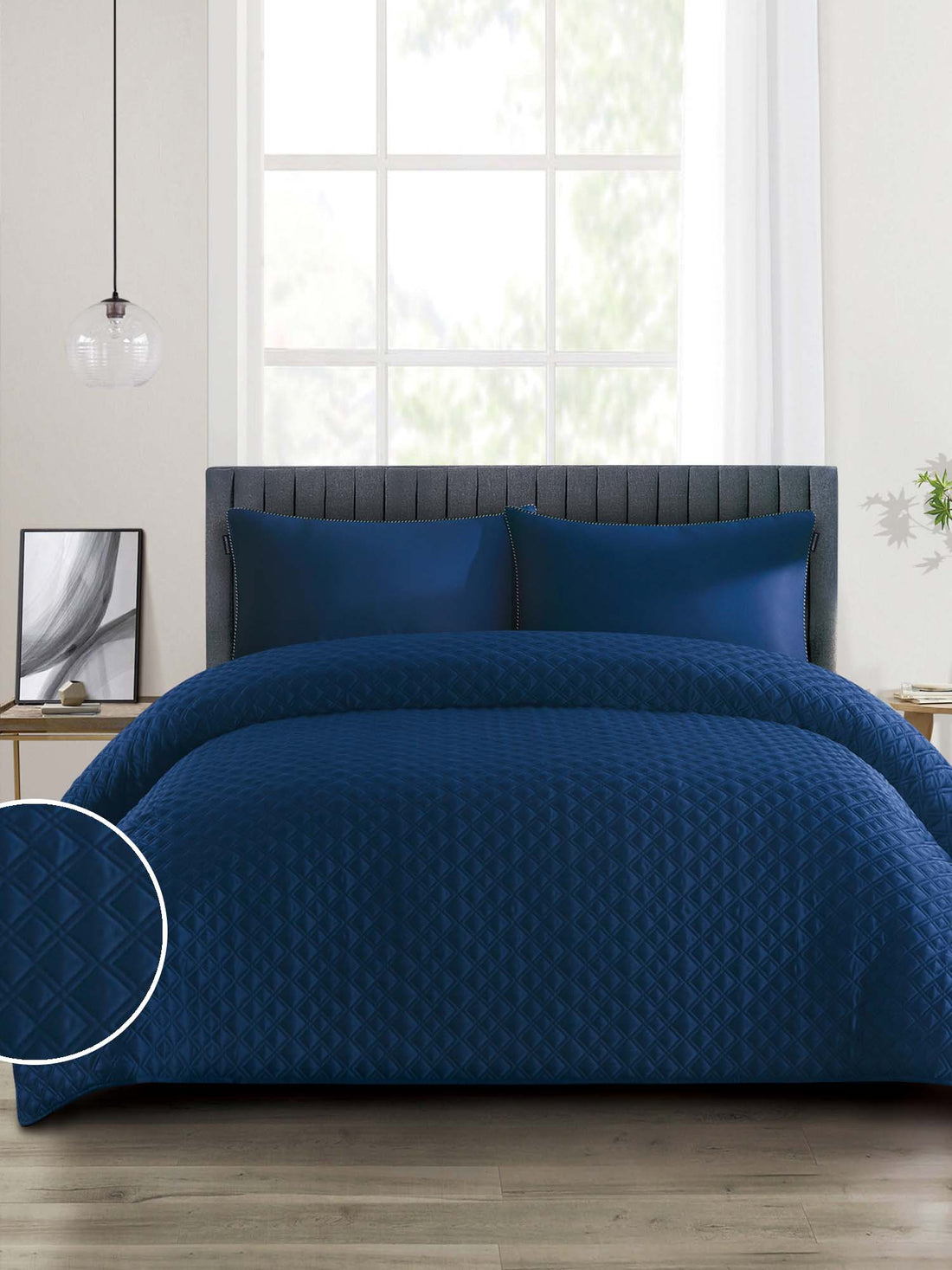 Duchamp Premium Satin Geo Dutch Velvet Bedspread Twilight Blue