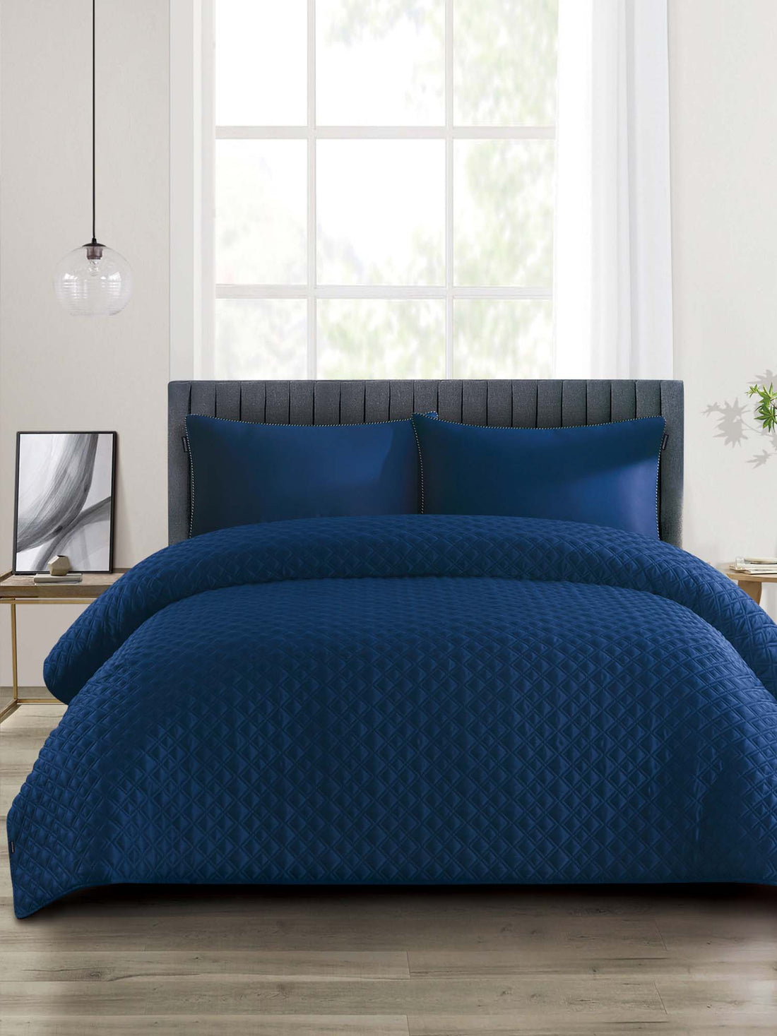 Duchamp Premium Satin Geo Dutch Velvet Bedspread Twilight Blue