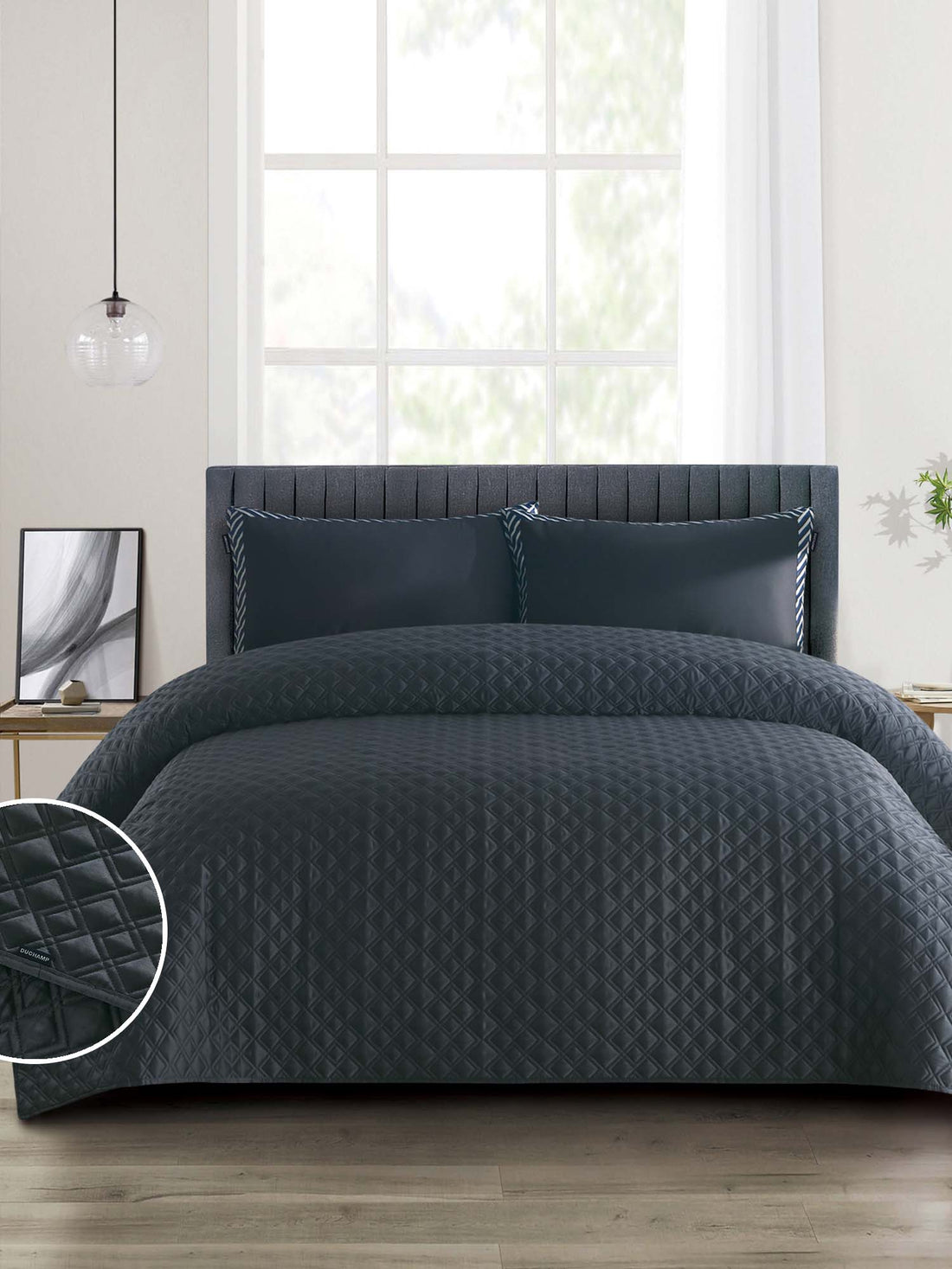 Duchamp Premium Satin Geo Dutch Velvet Bedspread Blackened Pearl