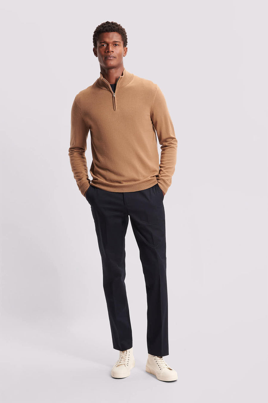 Merino Wool 1/4 Zip Funnel Neck Sweater in Brown