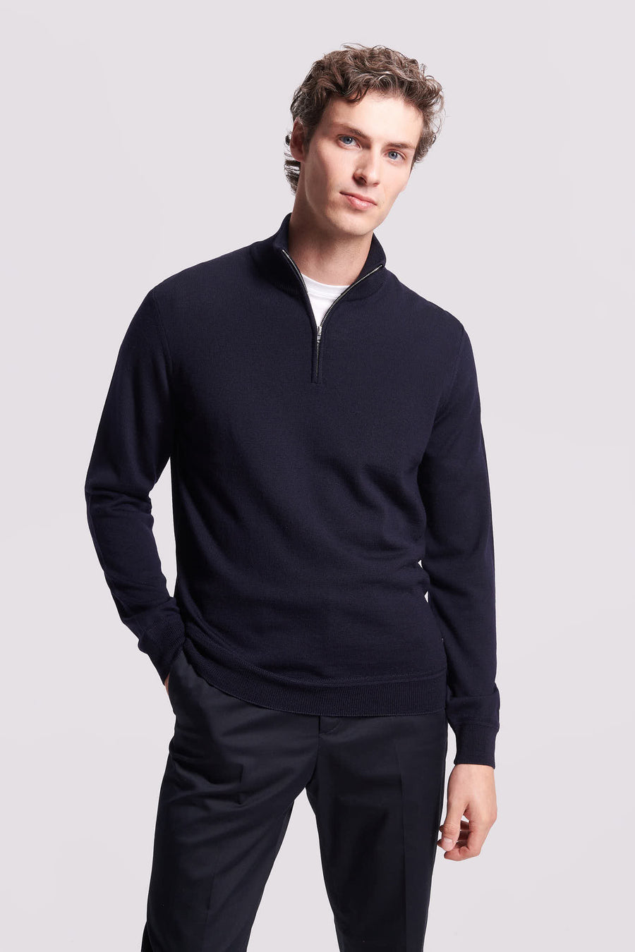 Merino Wool 1/4 Zip Funnel Neck Sweater Dark Navy