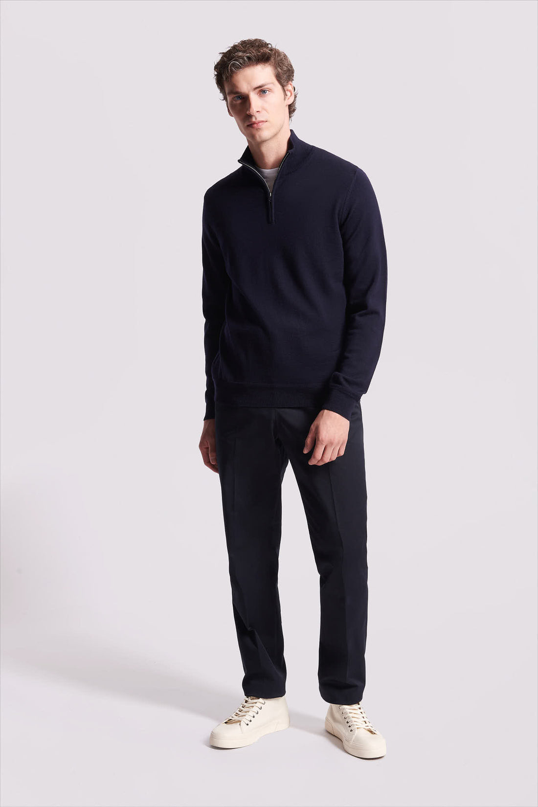 Merino Wool 1/4 Zip Funnel Neck Sweater Dark Navy