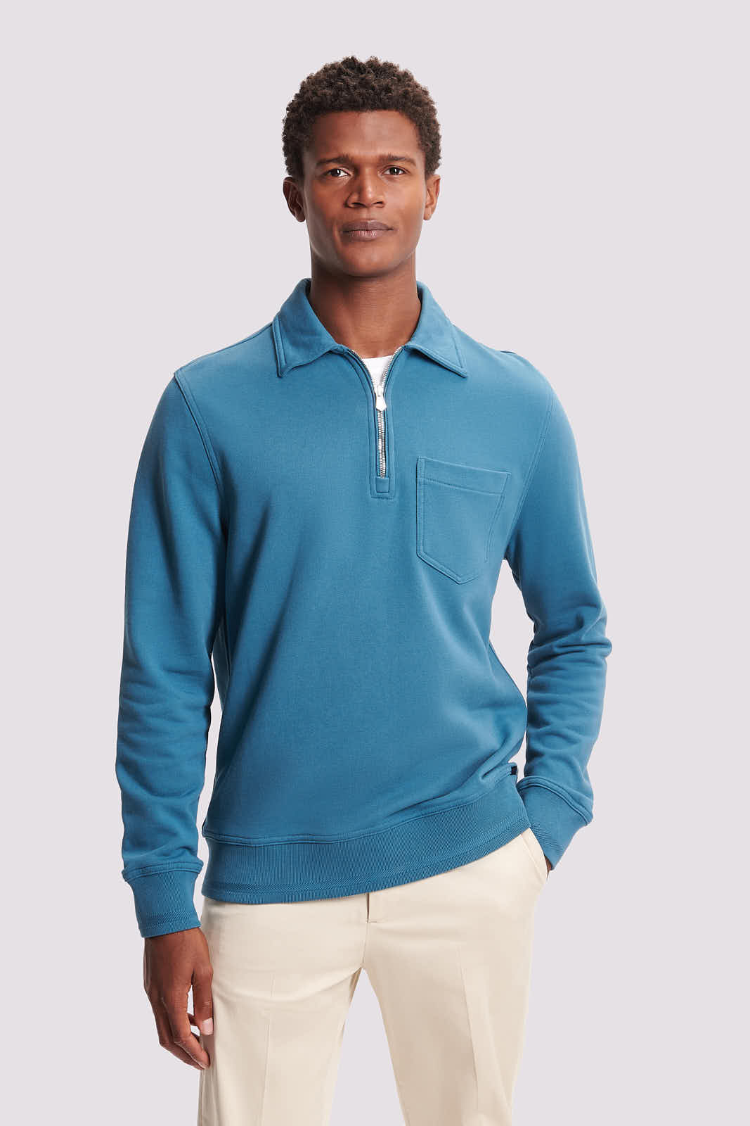 French Terry 1/4 Zip Collar Sweatshirt Teal Blue