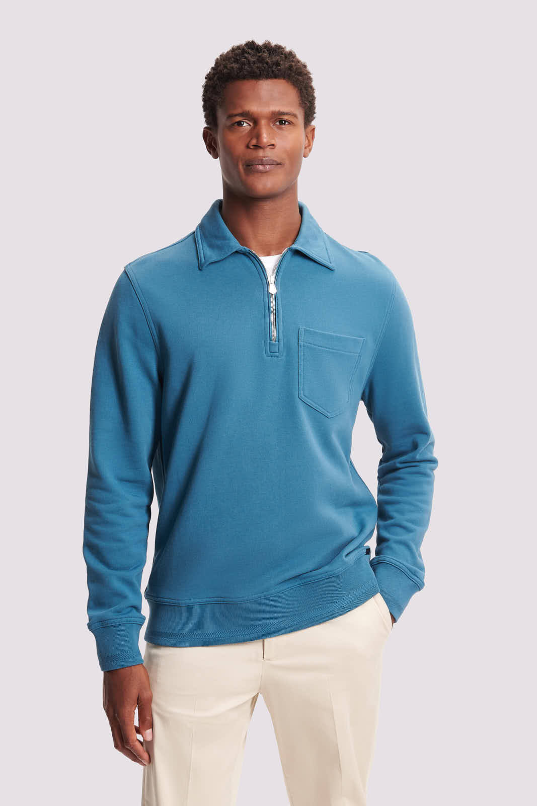 French Terry 1/4 Zip Collar Sweatshirt in Teal Blue