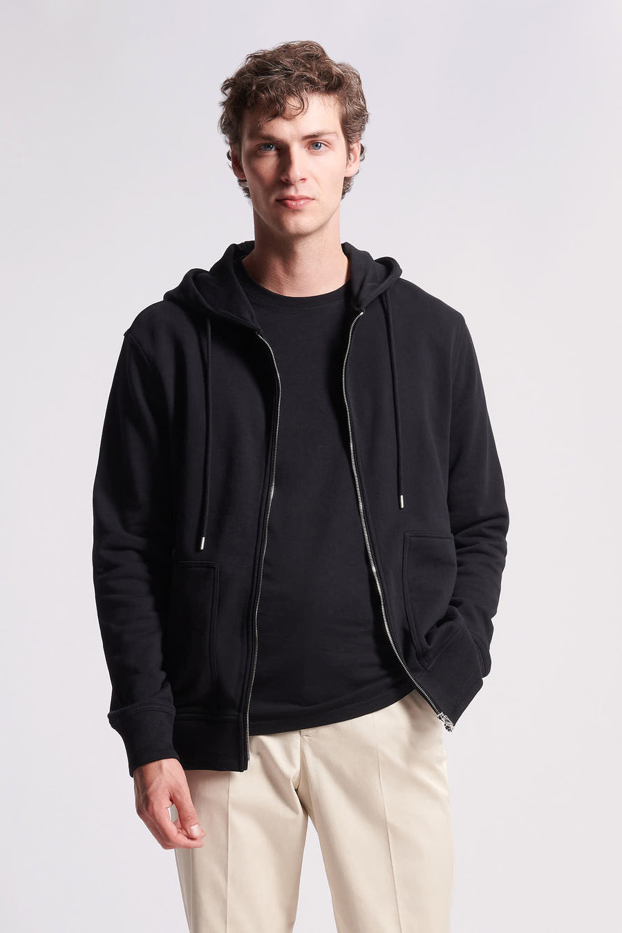 French Terry Zip Through Hooded Sweatshirt in Black