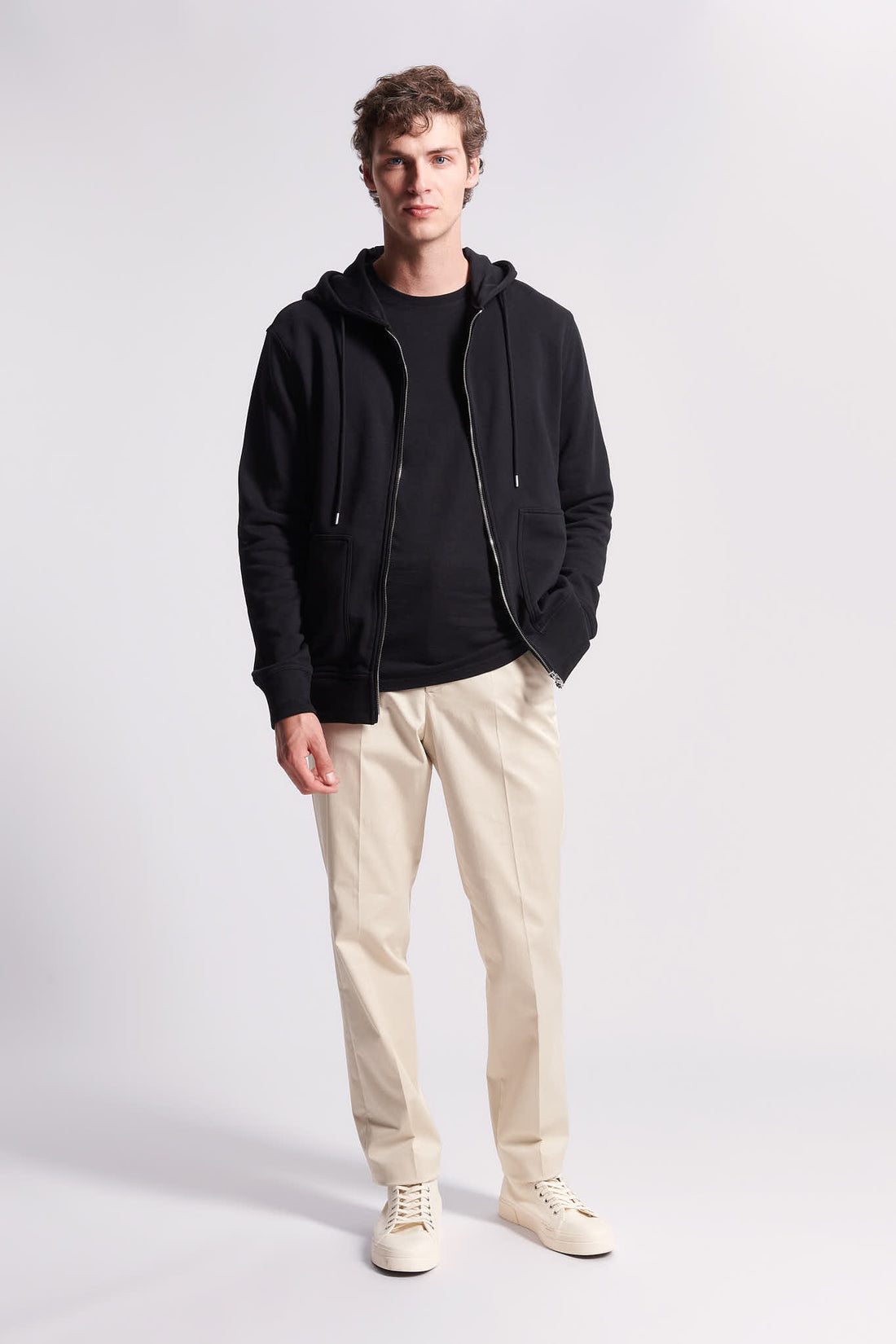 French Terry Zip Through Hooded Sweatshirt Black