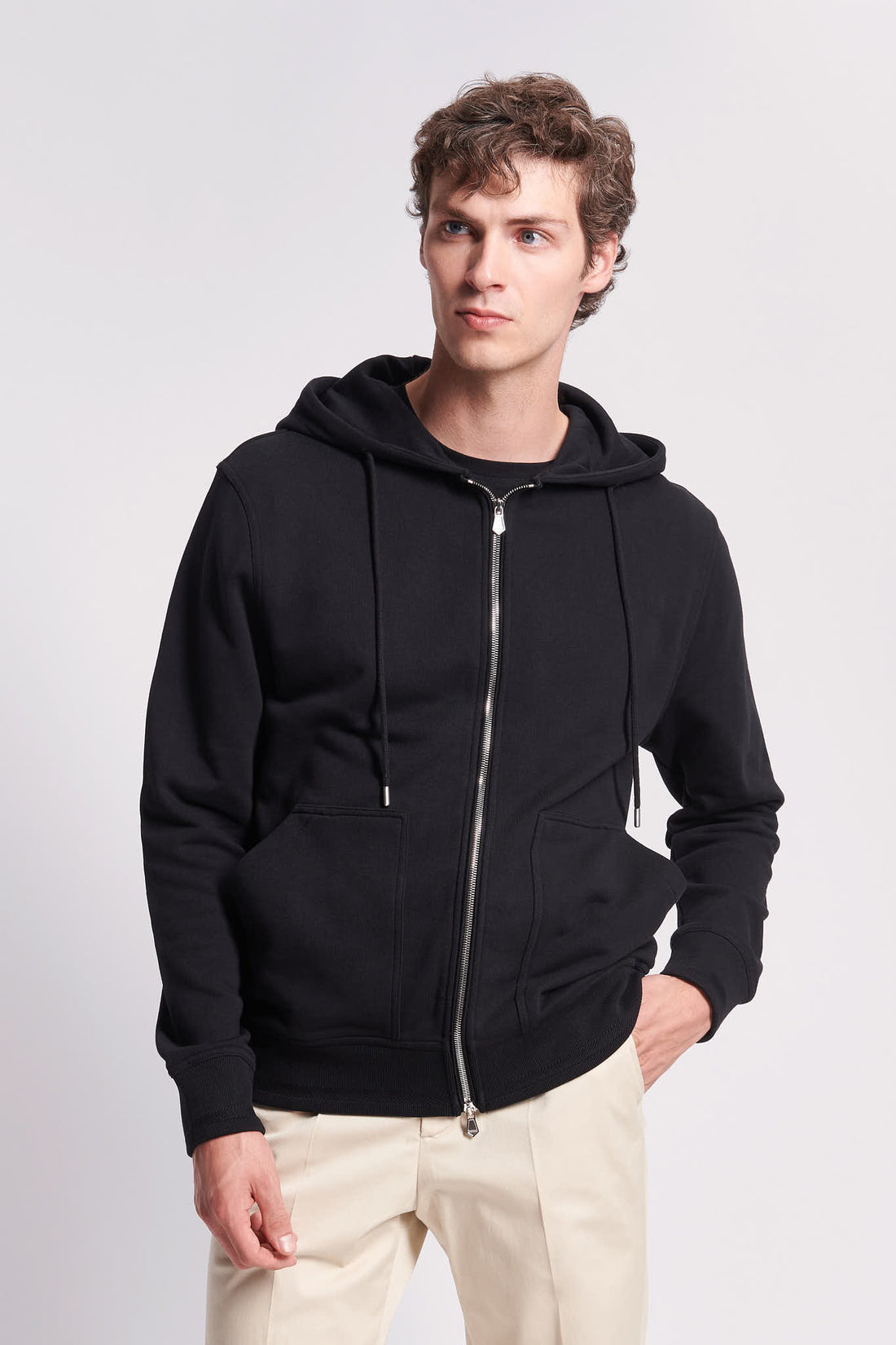 French Terry Zip Through Hooded Sweatshirt Black
