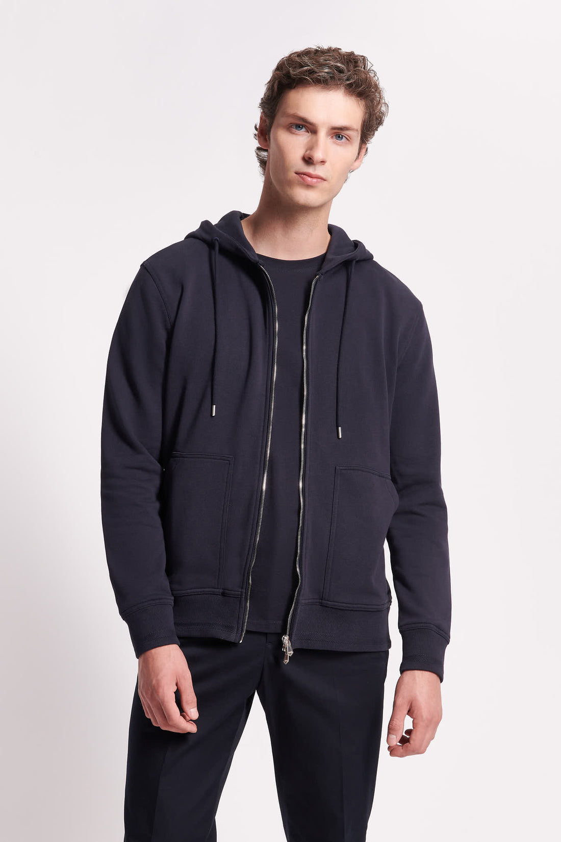 French Terry Zip Through Hooded Sweatshirt in Dark Navy