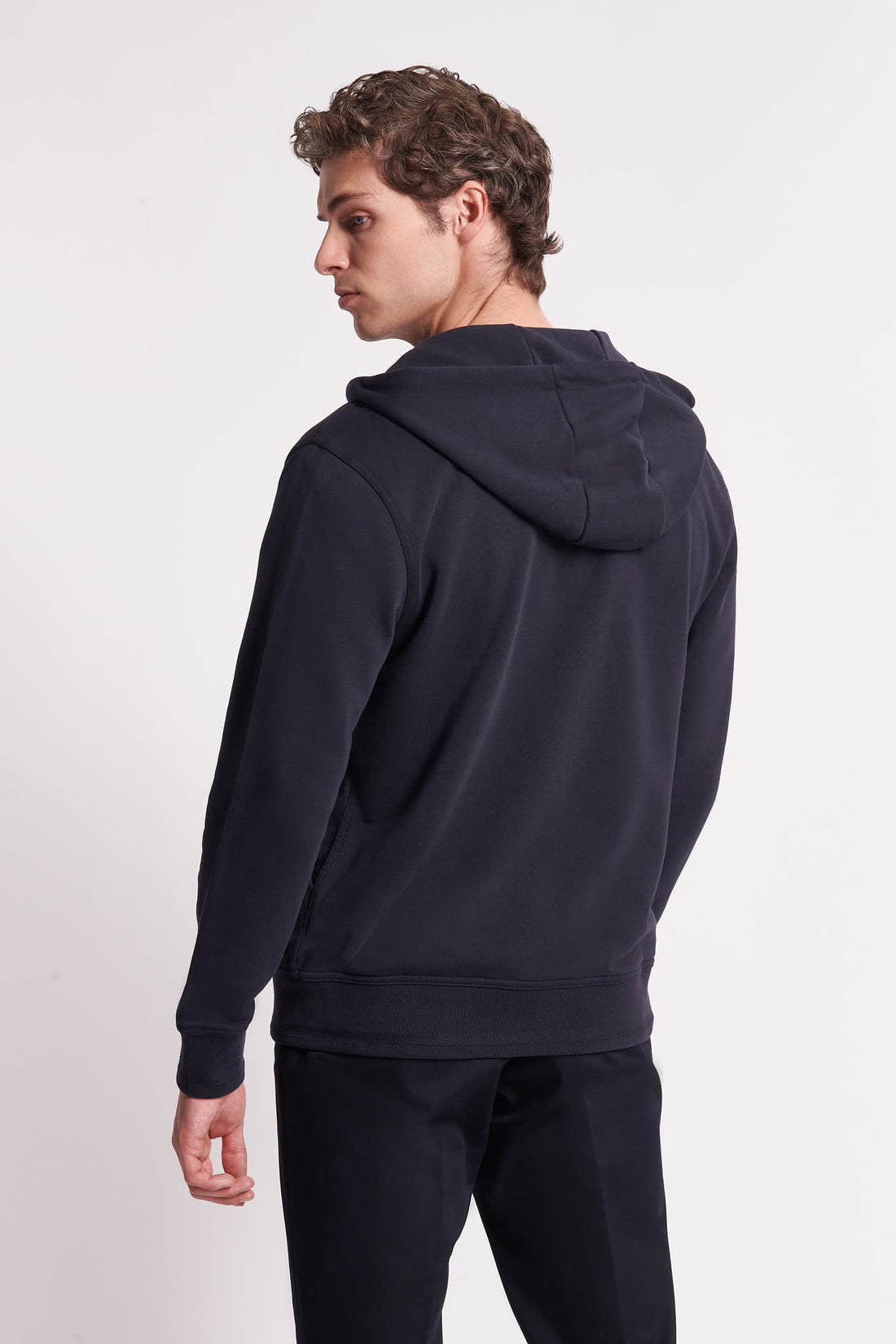 French Terry Zip Through Hooded Sweatshirt in Dark Navy