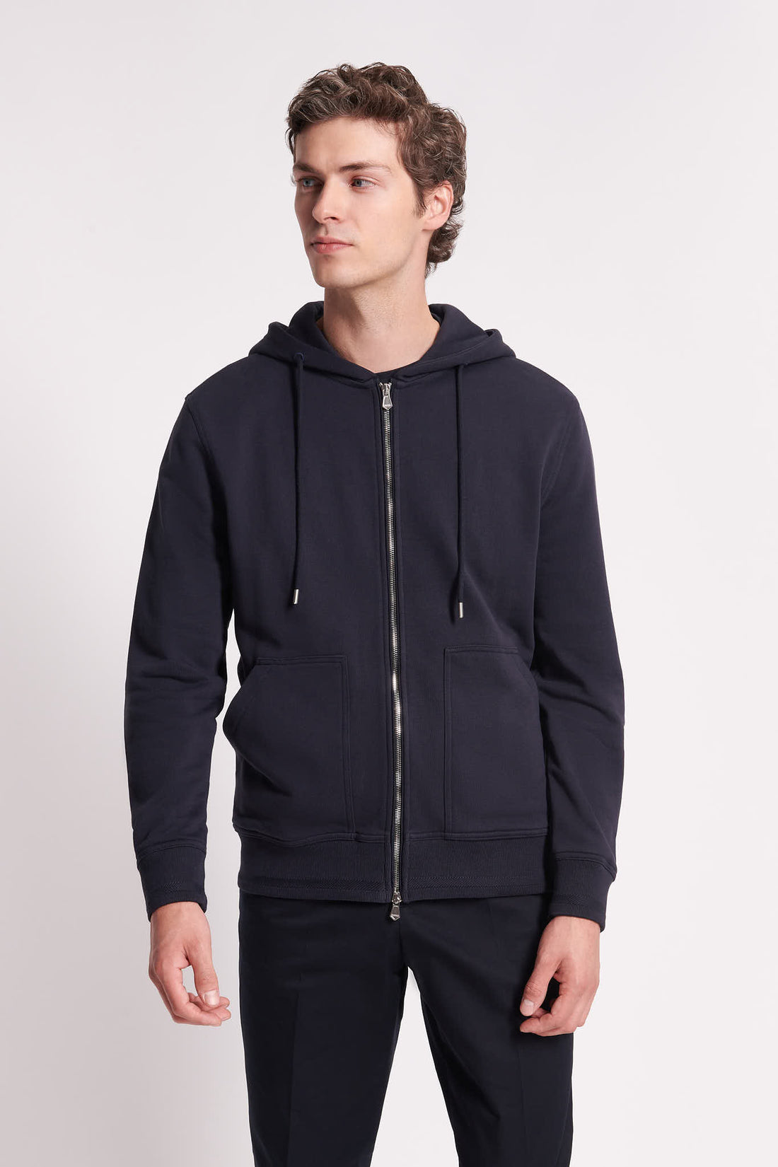 French Terry Zip Through Hooded Sweatshirt in Dark Navy